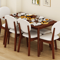 Rubberwood Dining Table Set, 1 Rectangular Table + 4 Upholstered Chairs + 1 Bench, Dark Walnut Finish with Beige Cushions, Detachable & Easy Assemble, for Kitchen Dining Room Apartment