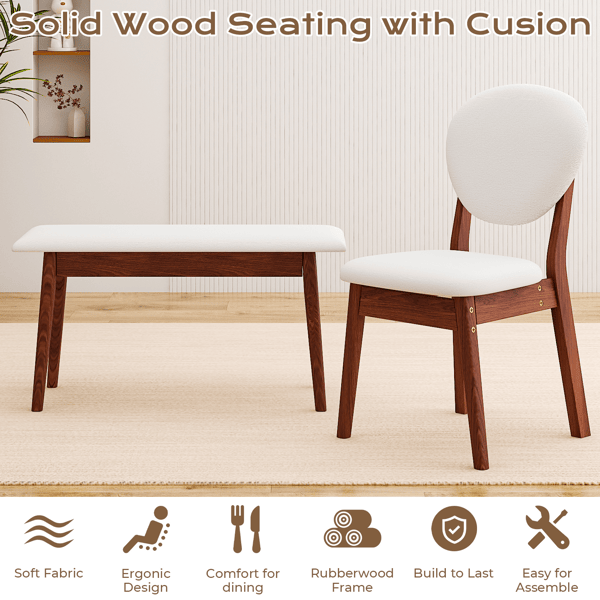 Rubberwood Dining Table Set, 1 Rectangular Table + 4 Upholstered Chairs + 1 Bench, Dark Walnut Finish with Beige Cushions, Detachable & Easy Assemble, for Kitchen Dining Room Apartment