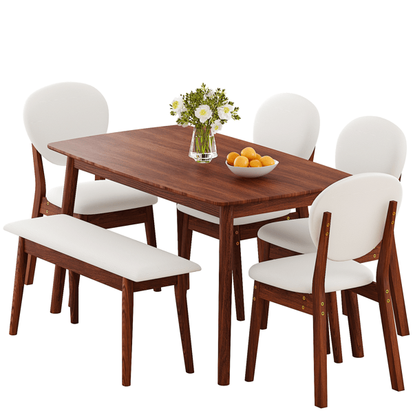 Rubberwood Dining Table Set, 1 Rectangular Table + 4 Upholstered Chairs + 1 Bench, Dark Walnut Finish with Beige Cushions, Detachable & Easy Assemble, for Kitchen Dining Room Apartment