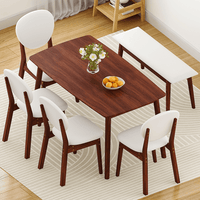 Rubberwood Dining Table Set, 1 Rectangular Table + 4 Upholstered Chairs + 1 Bench, Dark Walnut Finish with Beige Cushions, Detachable & Easy Assemble, for Kitchen Dining Room Apartment