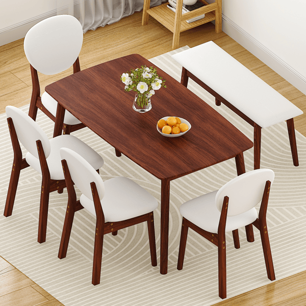 Rubberwood Dining Table Set, 1 Rectangular Table + 4 Upholstered Chairs + 1 Bench, Dark Walnut Finish with Beige Cushions, Detachable & Easy Assemble, for Kitchen Dining Room Apartment