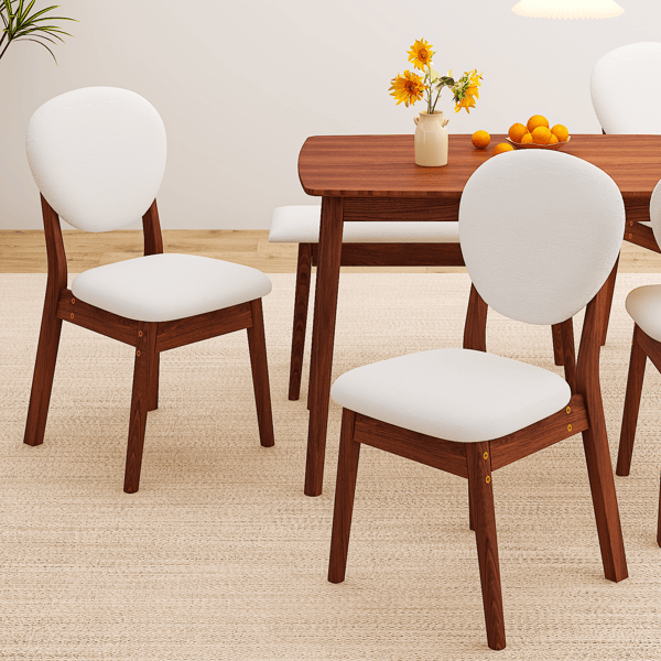 Rubberwood Dining Table Set, 1 Rectangular Table + 4 Upholstered Chairs + 1 Bench, Dark Walnut Finish with Beige Cushions, Detachable & Easy Assemble, for Kitchen Dining Room Apartment