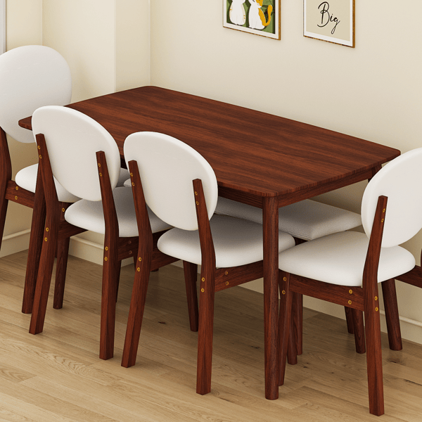 Rubberwood Dining Table Set, 1 Rectangular Table + 4 Upholstered Chairs + 1 Bench, Dark Walnut Finish with Beige Cushions, Detachable & Easy Assemble, for Kitchen Dining Room Apartment
