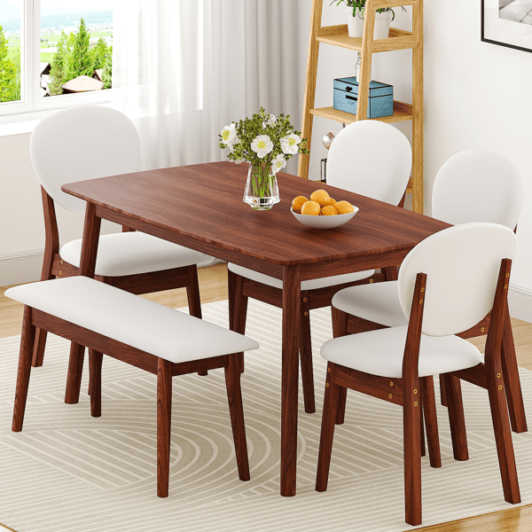 Rubberwood Dining Table Set, 1 Rectangular Table + 4 Upholstered Chairs + 1 Bench, Dark Walnut Finish with Beige Cushions, Detachable & Easy Assemble, for Kitchen Dining Room Apartment