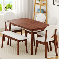 Rubberwood Dining Table Set, 1 Rectangular Table + 4 Upholstered Chairs + 1 Bench, Dark Walnut Finish with Beige Cushions, Detachable & Easy Assemble, for Kitchen Dining Room Apartment