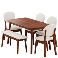 Rubberwood Dining Table Set, 1 Rectangular Table + 4 Upholstered Chairs + 1 Bench, Dark Walnut Finish with Beige Cushions, Detachable & Easy Assemble, for Kitchen Dining Room Apartment