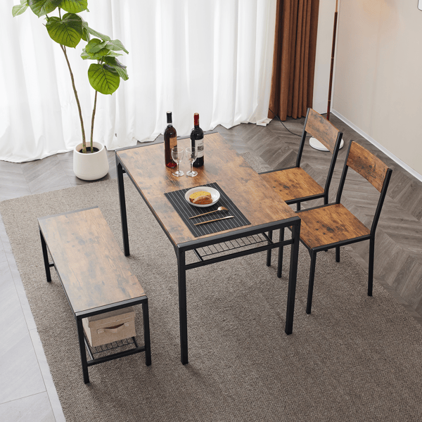 Dining Table Set for 4, Kitchen Table with 2 Chairs and a Bench, 4 Piece Kitchen Table Set for Small Space, Home Kitchen Bar Pub Apartment, Rustic Brown
