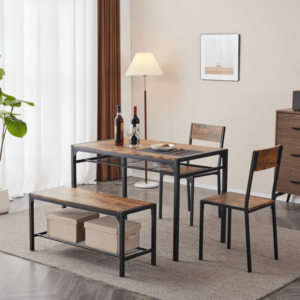 Dining Table Set for 4, Kitchen Table with 2 Chairs and a Bench, 4 Piece Kitchen Table Set for Small Space, Home Kitchen Bar Pub Apartment, Rustic Brown