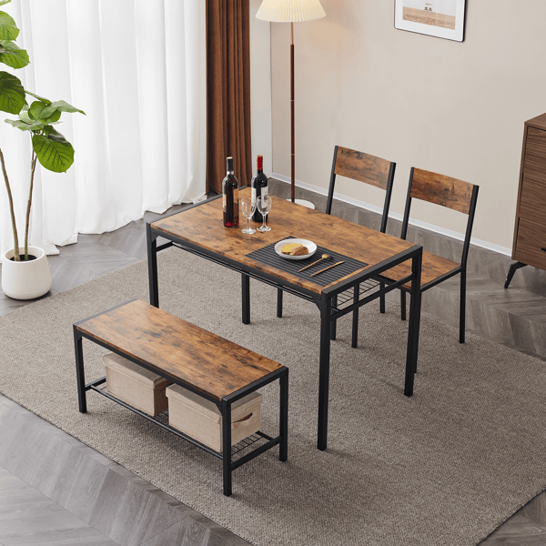Dining Table Set for 4, Kitchen Table with 2 Chairs and a Bench, 4 Piece Kitchen Table Set for Small Space, Home Kitchen Bar Pub Apartment, Rustic Brown