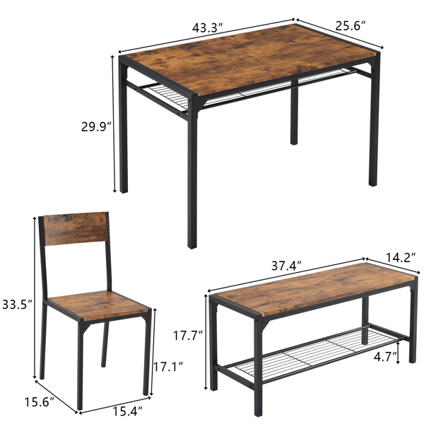 Dining Table Set for 4, Kitchen Table with 2 Chairs and a Bench, 4 Piece Kitchen Table Set for Small Space, Home Kitchen Bar Pub Apartment, Rustic Brown