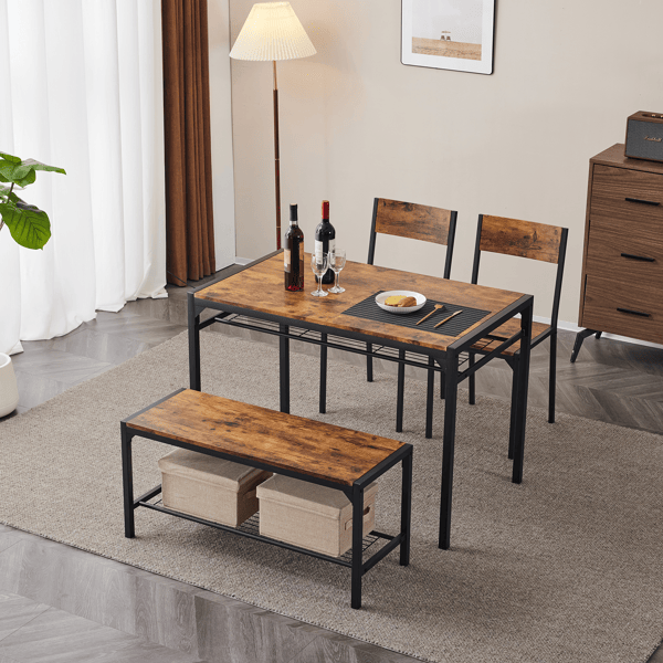 Dining Table Set for 4, Kitchen Table with 2 Chairs and a Bench, 4 Piece Kitchen Table Set for Small Space, Home Kitchen Bar Pub Apartment, Rustic Brown