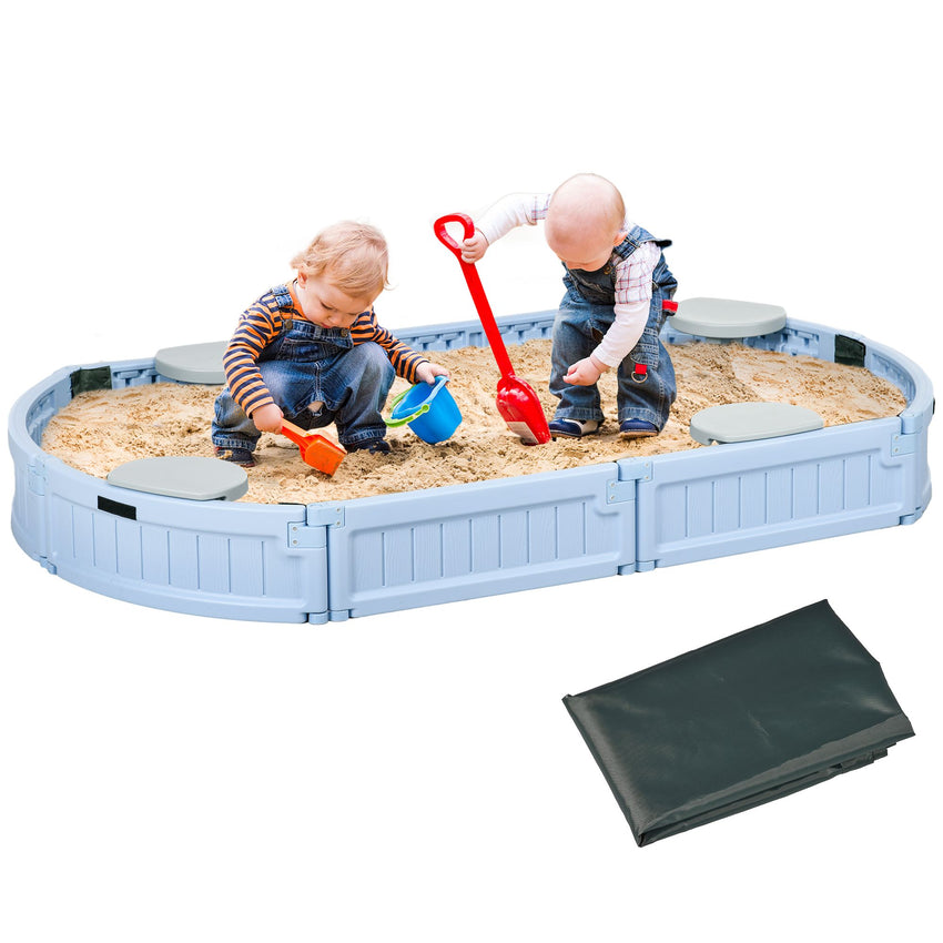 Kids Outdoor Sandbox with Cover, Seat Board for Backyard, Light Blue, 72" x 41.25" x 8.75"