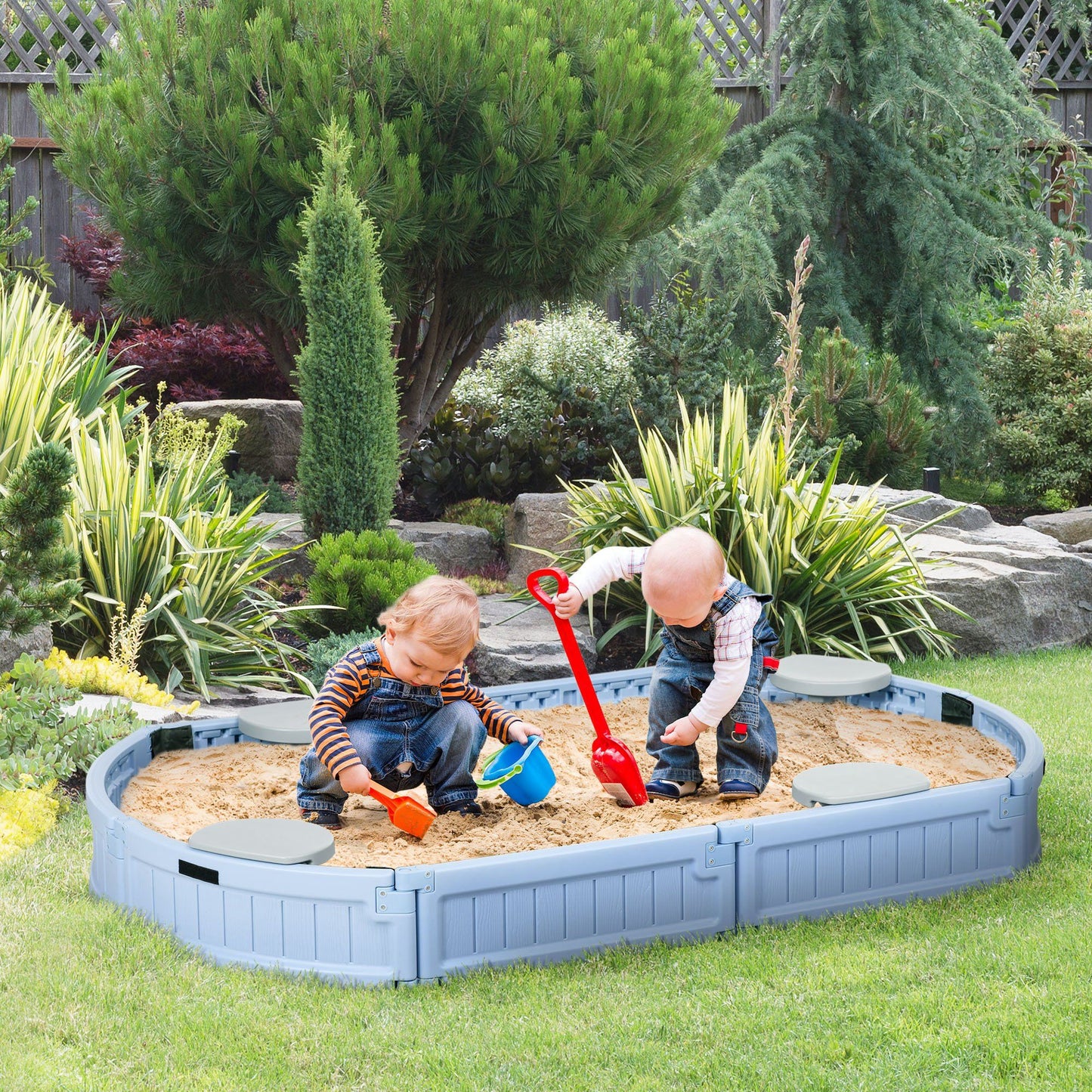 Kids Outdoor Sandbox with Cover, Seat Board for Backyard, Light Blue, 72" x 41.25" x 8.75"
