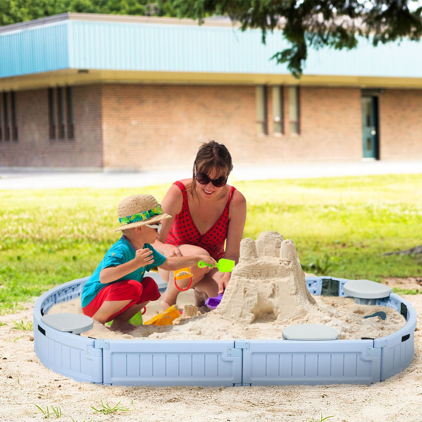 Kids Outdoor Sandbox with Cover, Seat Board for Backyard, Light Blue, 72" x 41.25" x 8.75"