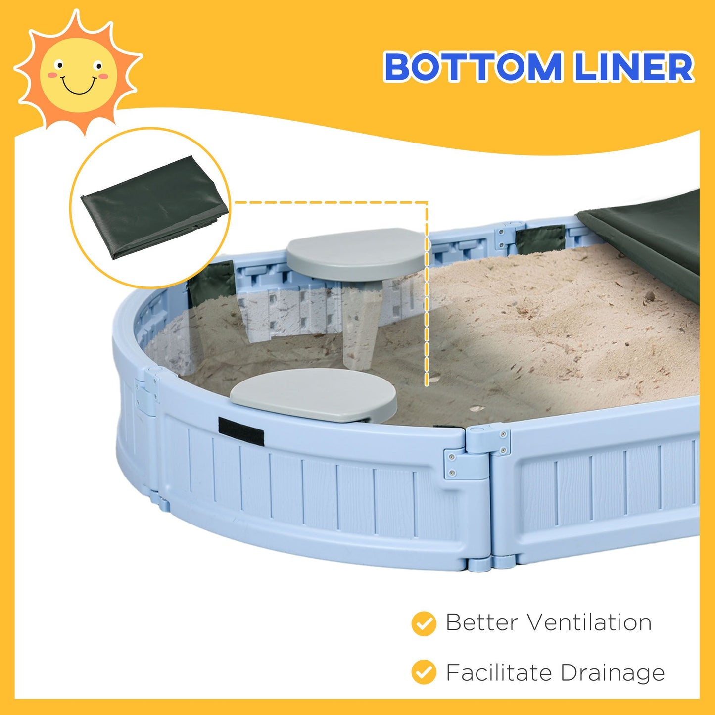 Kids Outdoor Sandbox with Cover, Seat Board for Backyard, Light Blue, 72" x 41.25" x 8.75"