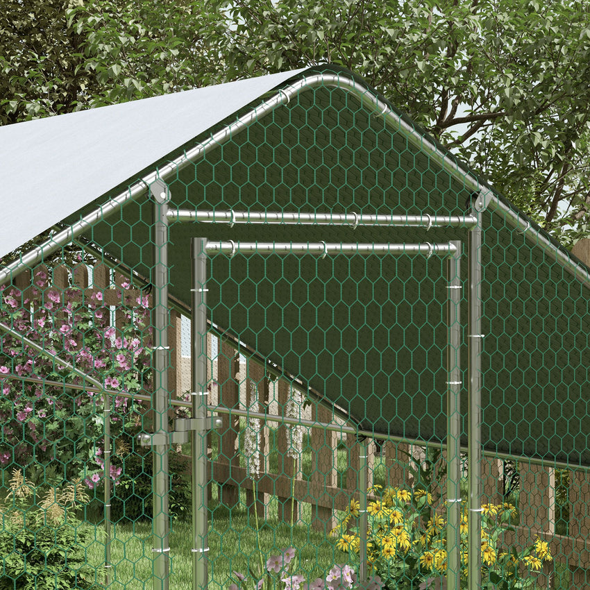 Large Chicken Coop with Waterproof and Anti-UV Cover, Spire Shaped for Outdoor and Yard Farm Use, 9.8' x 32.8' x 6.4'