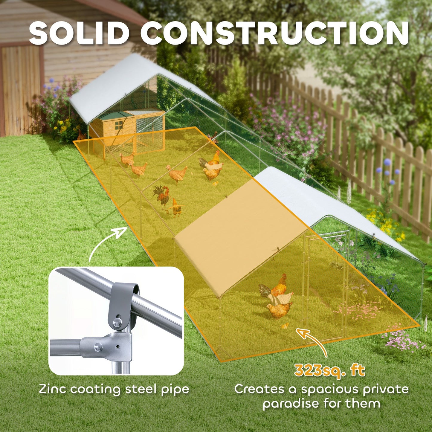 Large Chicken Coop with Waterproof and Anti-UV Cover, Spire Shaped for Outdoor and Yard Farm Use, 9.8' x 32.8' x 6.4'