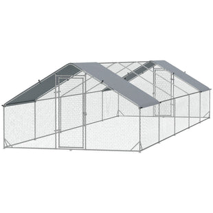 Large Chicken Coop with Waterproof and Anti-UV Cover, Spire Shaped for Outdoor and Yard Farm Use, 9.8' x 32.8' x 6.4'
