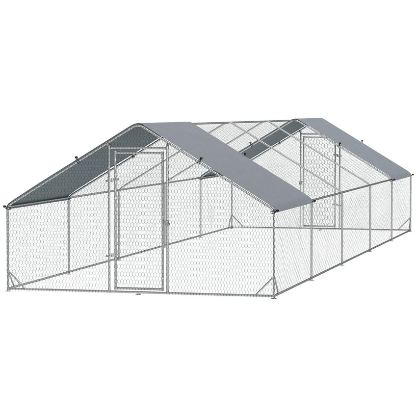Large Chicken Coop with Waterproof and Anti-UV Cover, Spire Shaped for Outdoor and Yard Farm Use, 9.8' x 32.8' x 6.4'