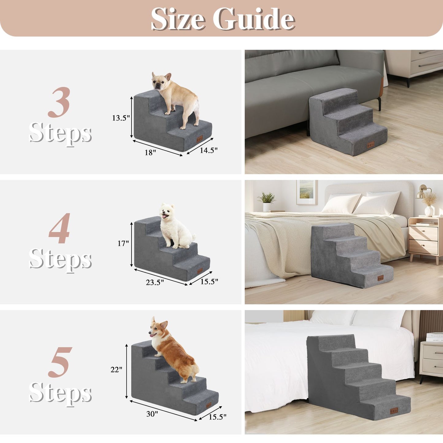 Dog Stairs For High Beds And Sofas - Pet Stairs For Older Dogs And Cats With Removable, Washable Covers And Non-slip Bottoms
