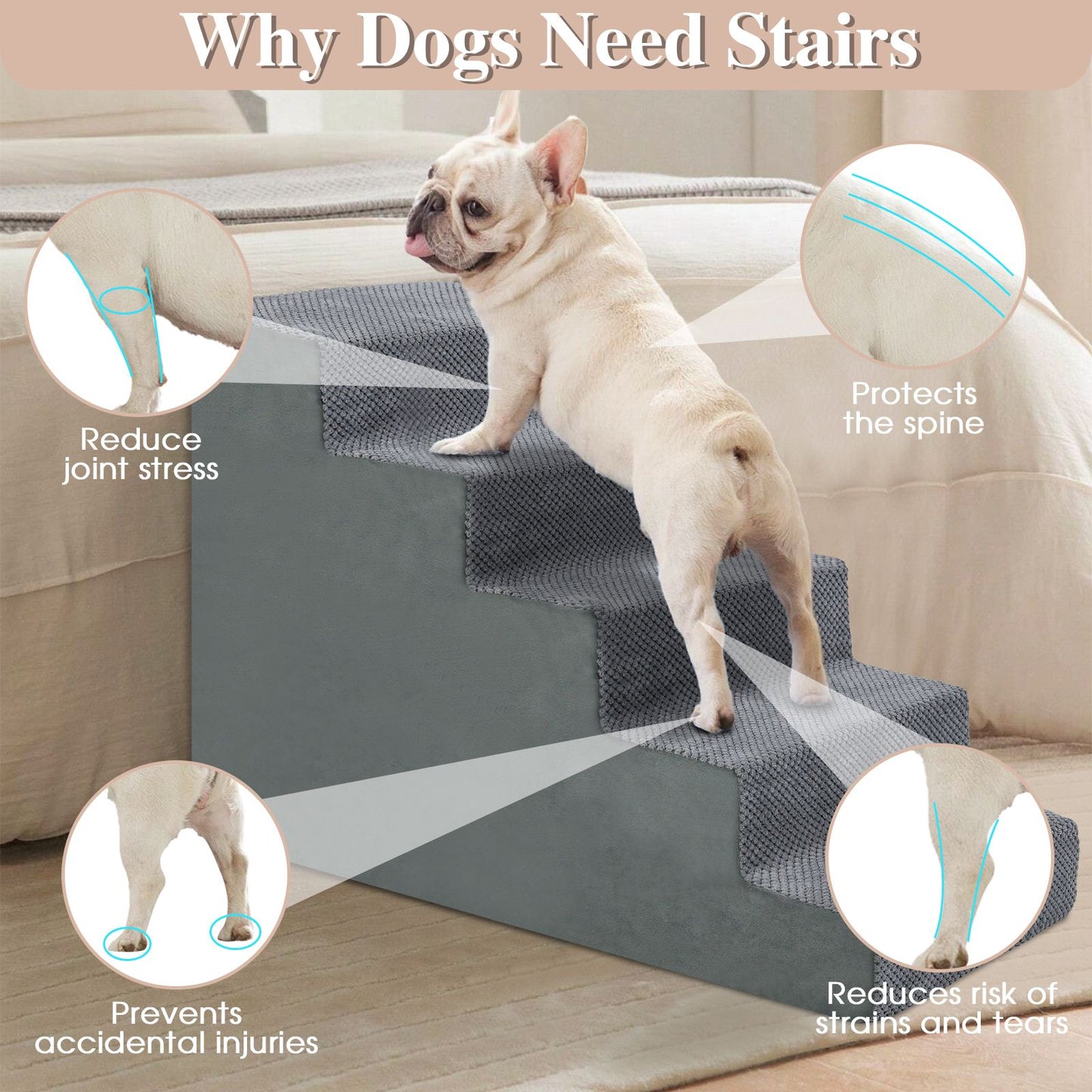 Dog Stairs For High Beds And Sofas - Pet Stairs For Older Dogs And Cats With Removable, Washable Covers And Non-slip Bottoms