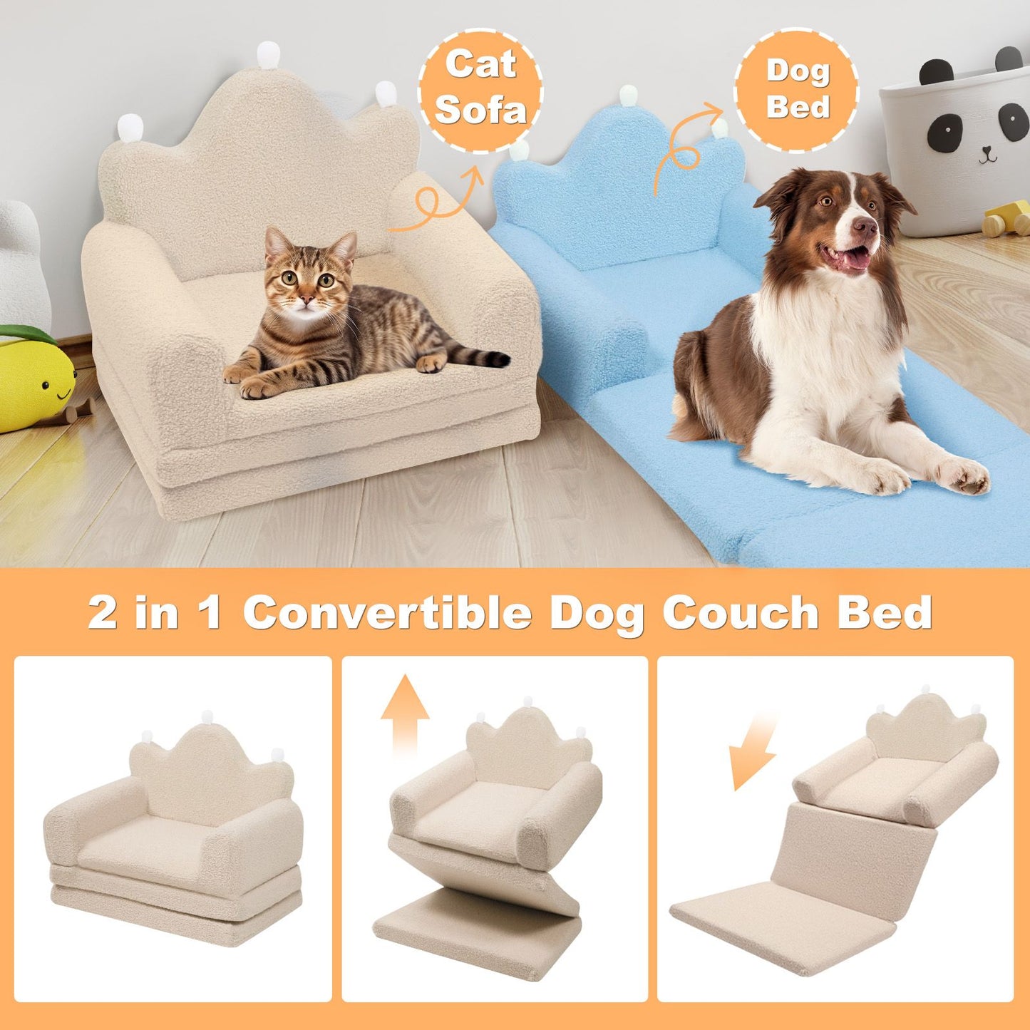 Tiara-Shaped Convertible Dog Bed And Sofa - 22.8"×18.8"×15.7" - 2-in-1 Luxurious Pet Bed With Plush Cushion And Machine-Washable Cover, Stylish Colors For Small/Medium/Large Dogs Or Cat