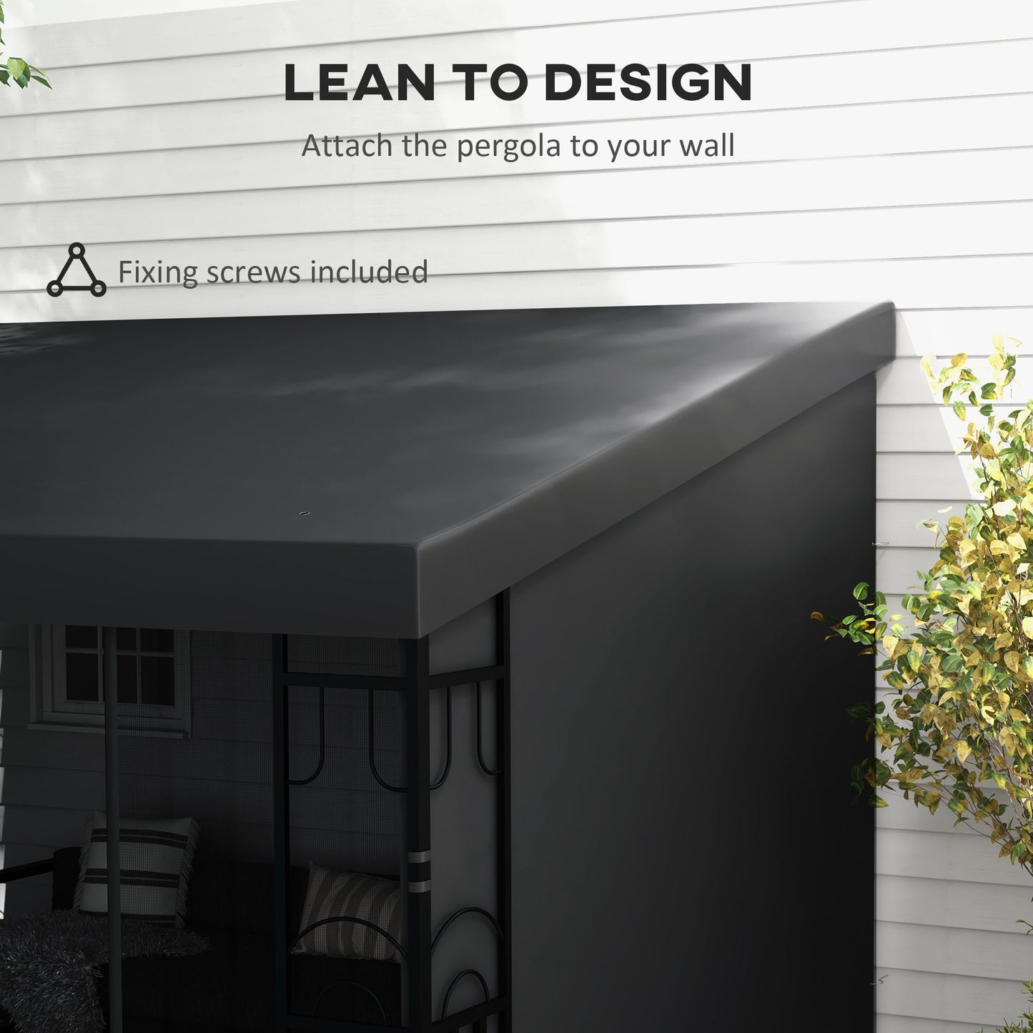 10' x 13' Wall Pergola, Outdoor Gazebo with 2 Curtains and 2 Nettings, UV Resistant, for Patio, Deck, Dark Grey