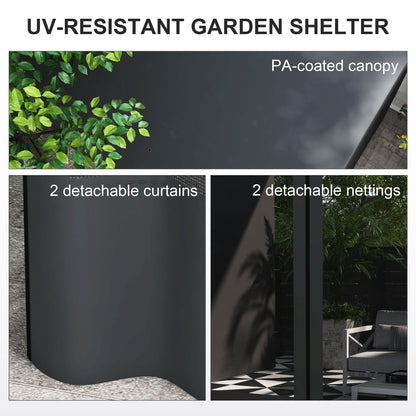10' x 13' Wall Pergola, Outdoor Gazebo with 2 Curtains and 2 Nettings, UV Resistant, for Patio, Deck, Dark Grey