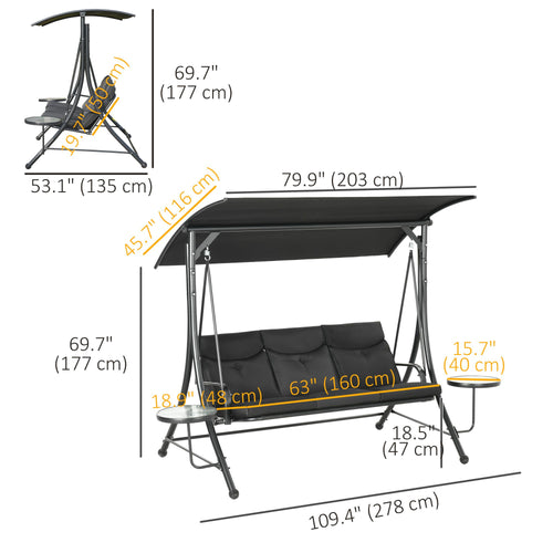 3 Seat Outdoor Swing Chair Steel Swing Bench Porch Swing With Adjustable Canopy & Coffee Tables & Cushion for Patio Garden, Black