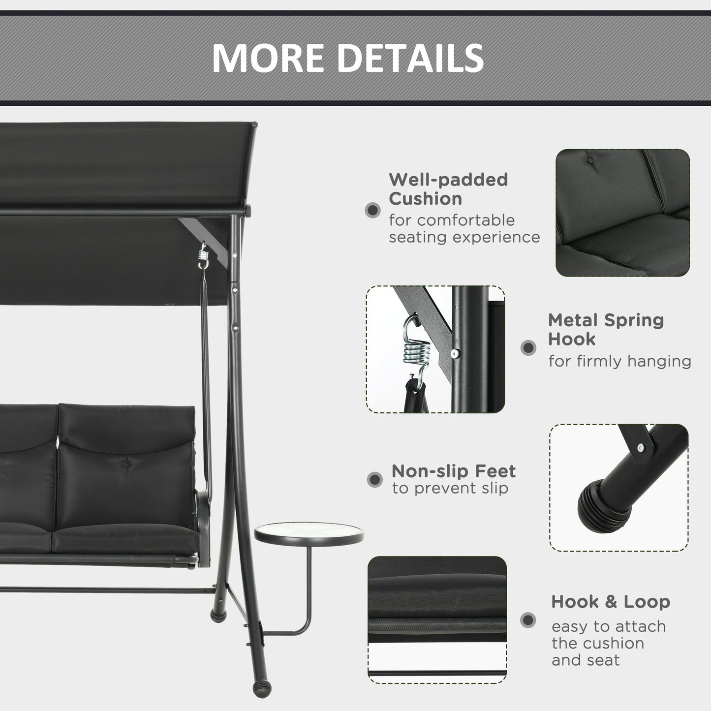 3 Seat Outdoor Swing Chair Steel Swing Bench Porch Swing With Adjustable Canopy & Coffee Tables & Cushion for Patio Garden, Black