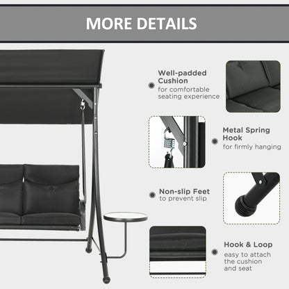 3 Seat Outdoor Swing Chair Steel Swing Bench Porch Swing With Adjustable Canopy & Coffee Tables & Cushion for Patio Garden, Black