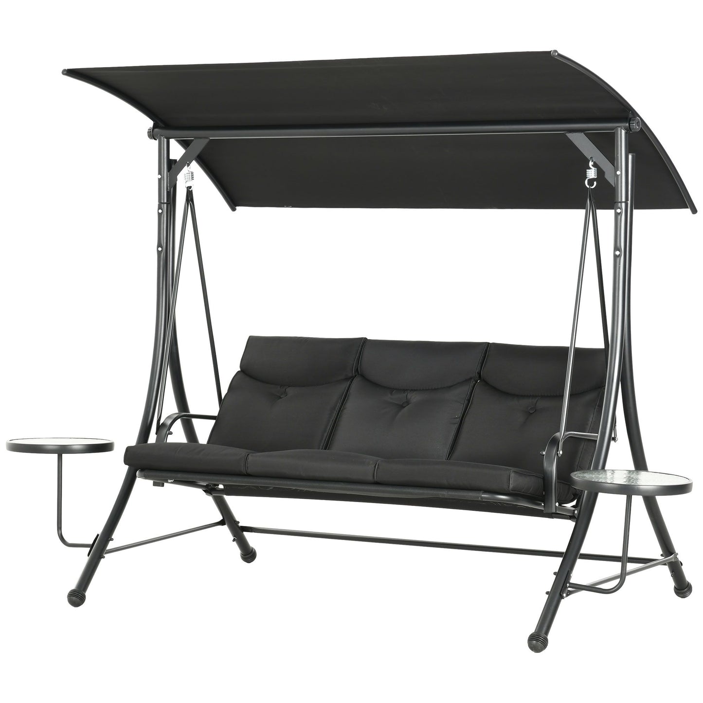 3 Seat Outdoor Swing Chair Steel Swing Bench Porch Swing With Adjustable Canopy & Coffee Tables & Cushion for Patio Garden, Black