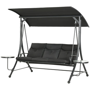 3 Seat Outdoor Swing Chair Steel Swing Bench Porch Swing With Adjustable Canopy & Coffee Tables & Cushion for Patio Garden, Black