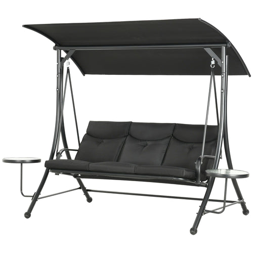 3 Seat Outdoor Swing Chair Steel Swing Bench Porch Swing With Adjustable Canopy & Coffee Tables & Cushion for Patio Garden, Black