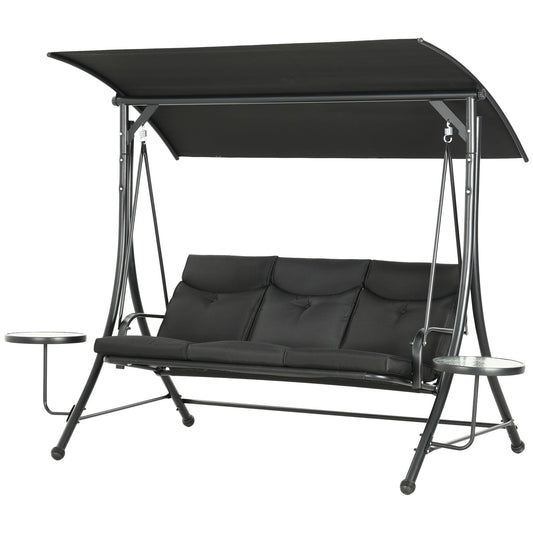 3 Seat Outdoor Swing Chair Steel Swing Bench Porch Swing With Adjustable Canopy & Coffee Tables & Cushion for Patio Garden, Black