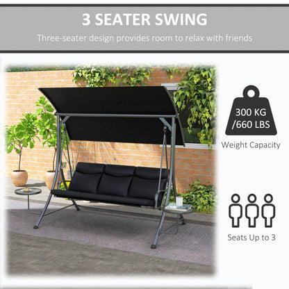 3 Seat Outdoor Swing Chair Steel Swing Bench Porch Swing With Adjustable Canopy & Coffee Tables & Cushion for Patio Garden, Black