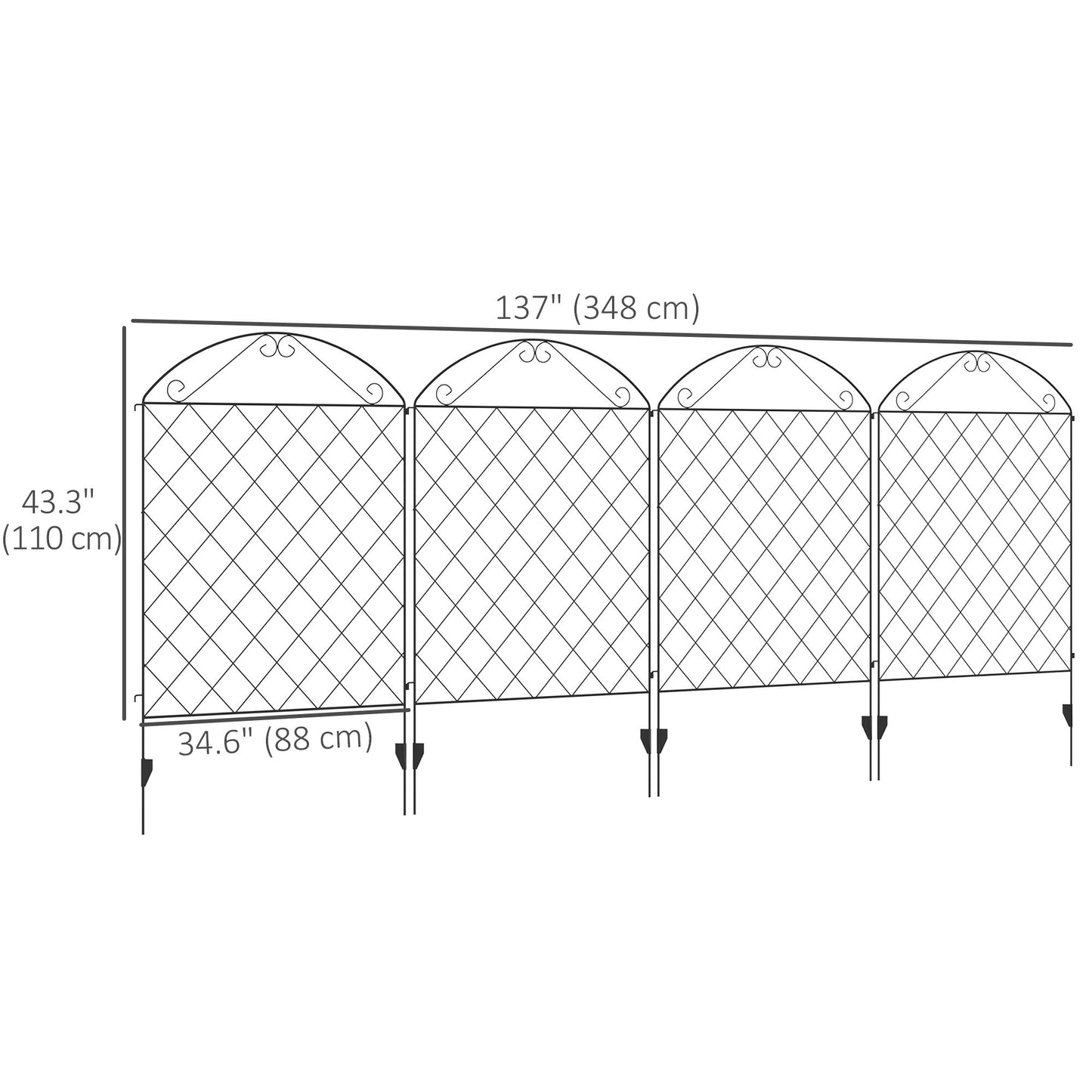 Outdoor Metal Garden Fence Panels, Animal Barrier & Border Edging for Yard, Patio, 4 Pack, Curved Scrollworks