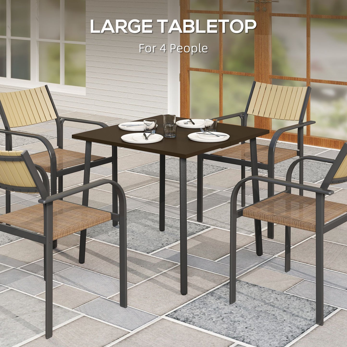 Patio Dining Table with Umbrella Hole for 4 People, Aluminium Legs, for Backyard Lawn Balcony, 31.5" x 31.5", Brown