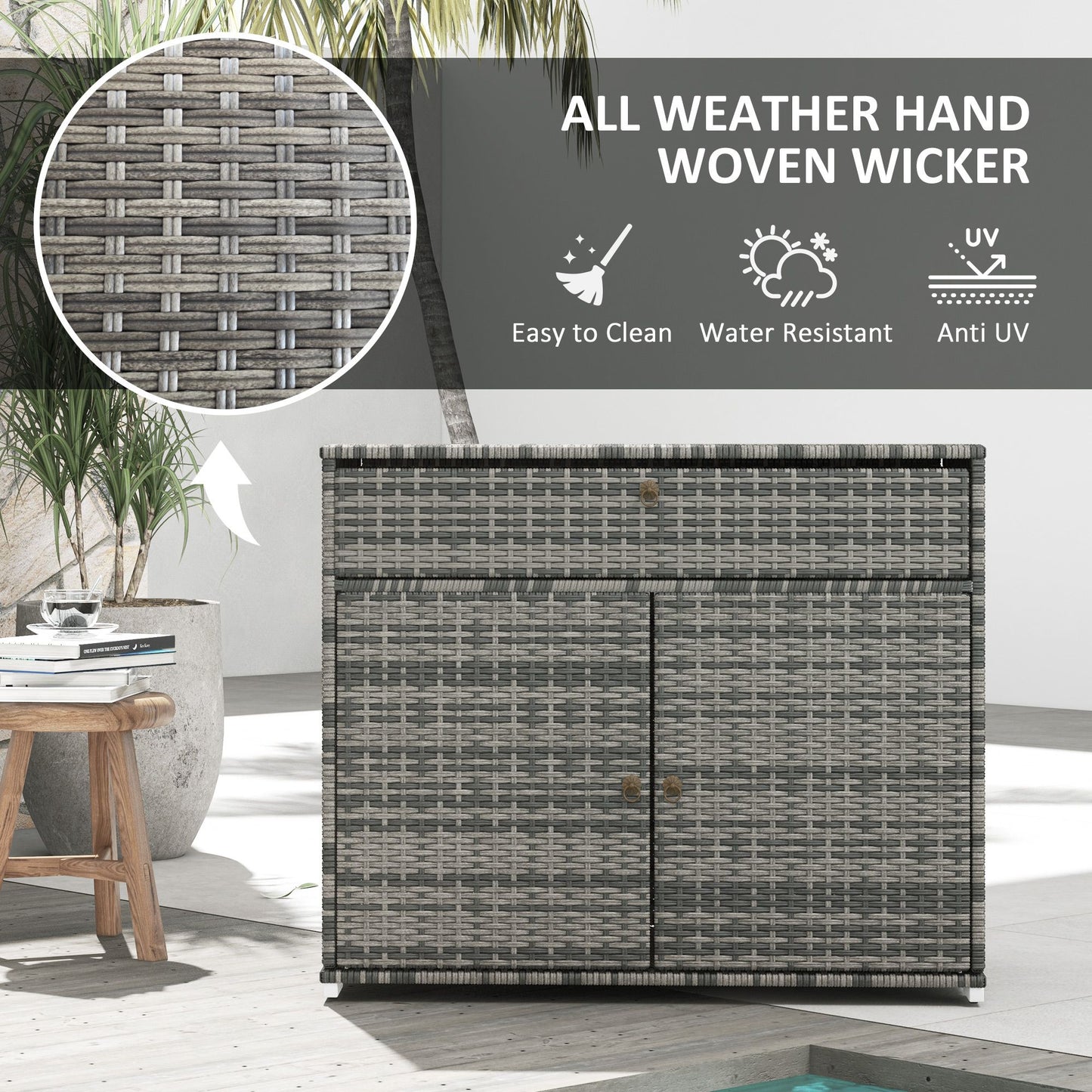 Outdoor Storage Cabinet, Wicker 2-Door Pool Towel Storage Cabinet with Drawer, PE Rattan Pool Organizer, Grey