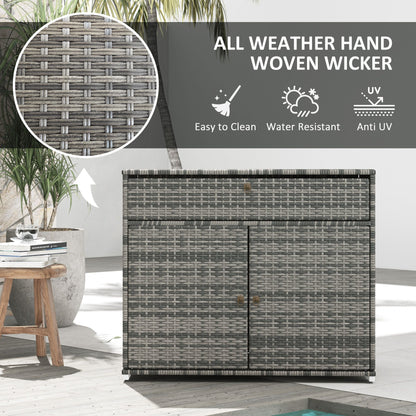 Outdoor Storage Cabinet, Wicker 2-Door Pool Towel Storage Cabinet with Drawer, PE Rattan Pool Organizer, Grey