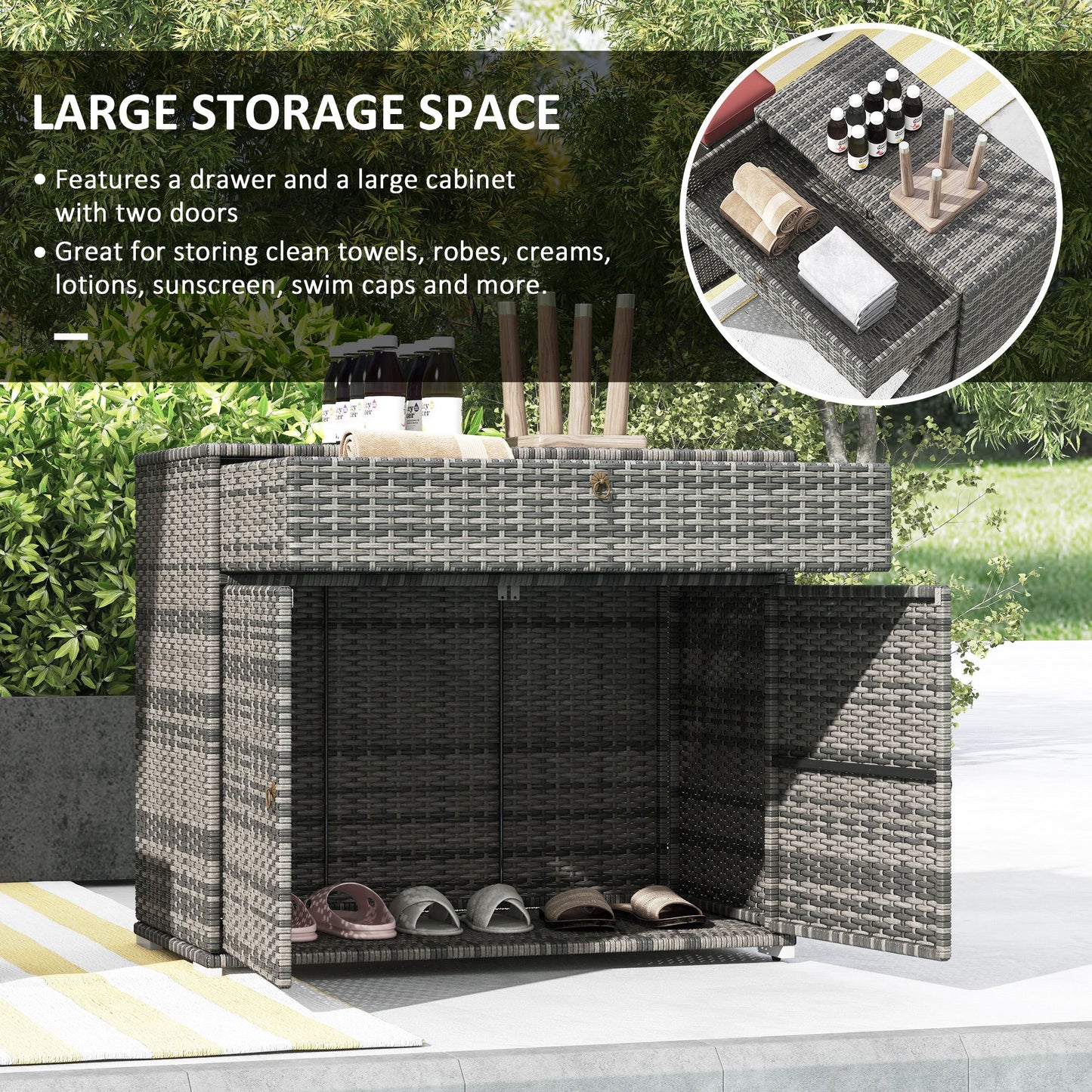 Outdoor Storage Cabinet, Wicker 2-Door Pool Towel Storage Cabinet with Drawer, PE Rattan Pool Organizer, Grey