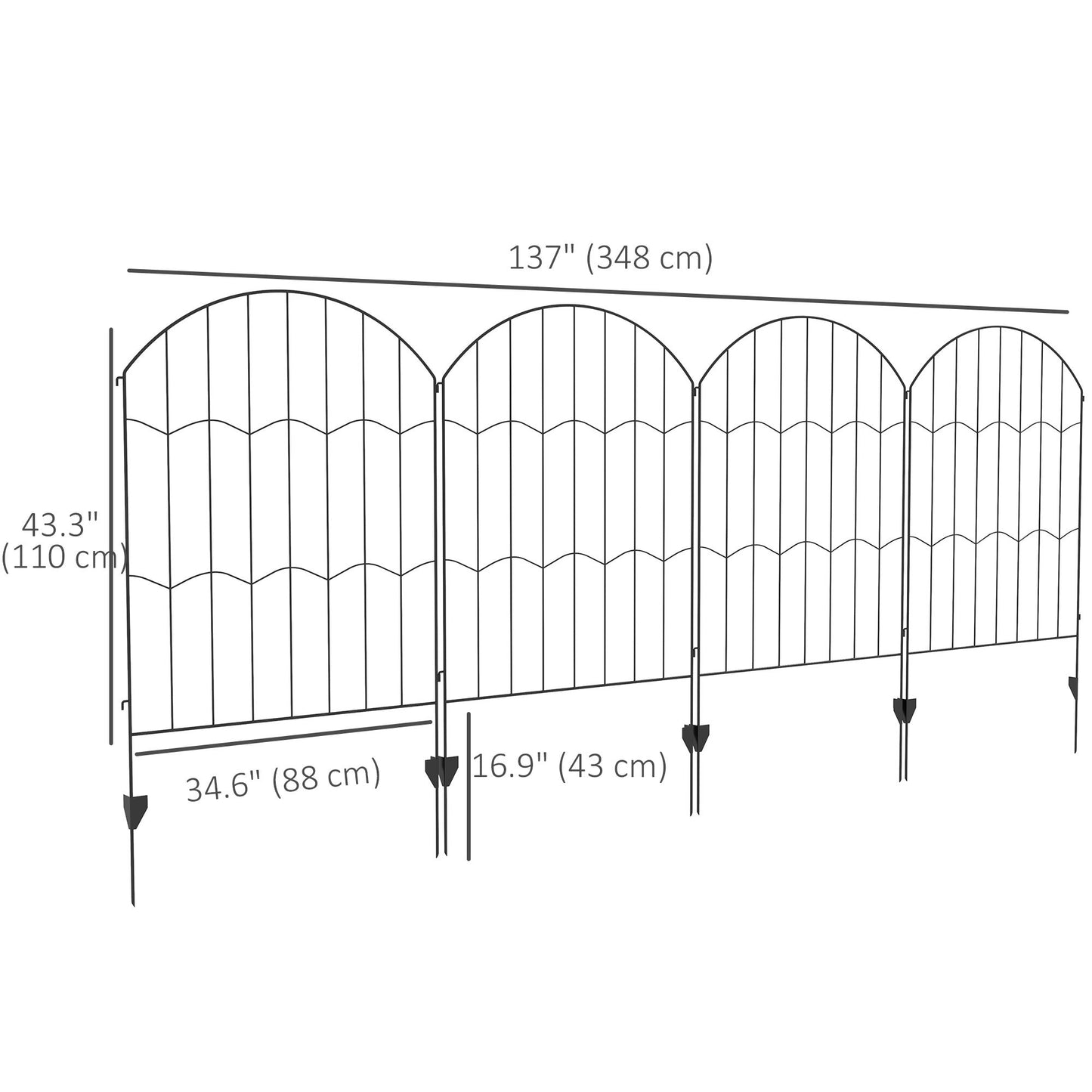 4 Pack Garden Fencing for Yard, Decorative Fence Panels as Animal Barrier and Flower Edging, Circle, Black, Wave