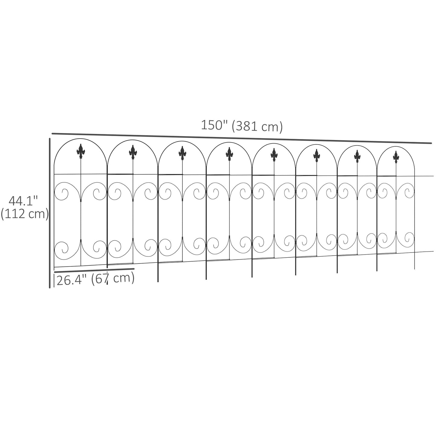 Outdoor Metal Garden Fence Panels, Animal Barrier & Border Edging for Yard, Patio, 8 Pack, Scrollworks and Spears