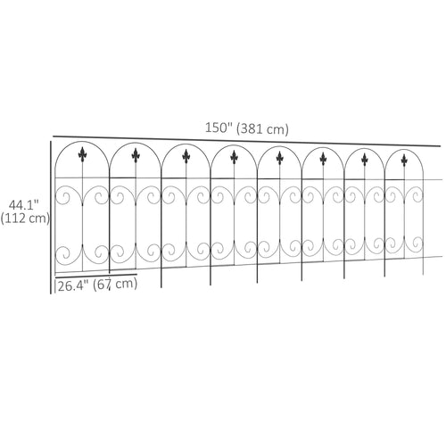 Outdoor Metal Garden Fence Panels, Animal Barrier & Border Edging for Yard, Patio, 8 Pack, Scrollworks and Spears