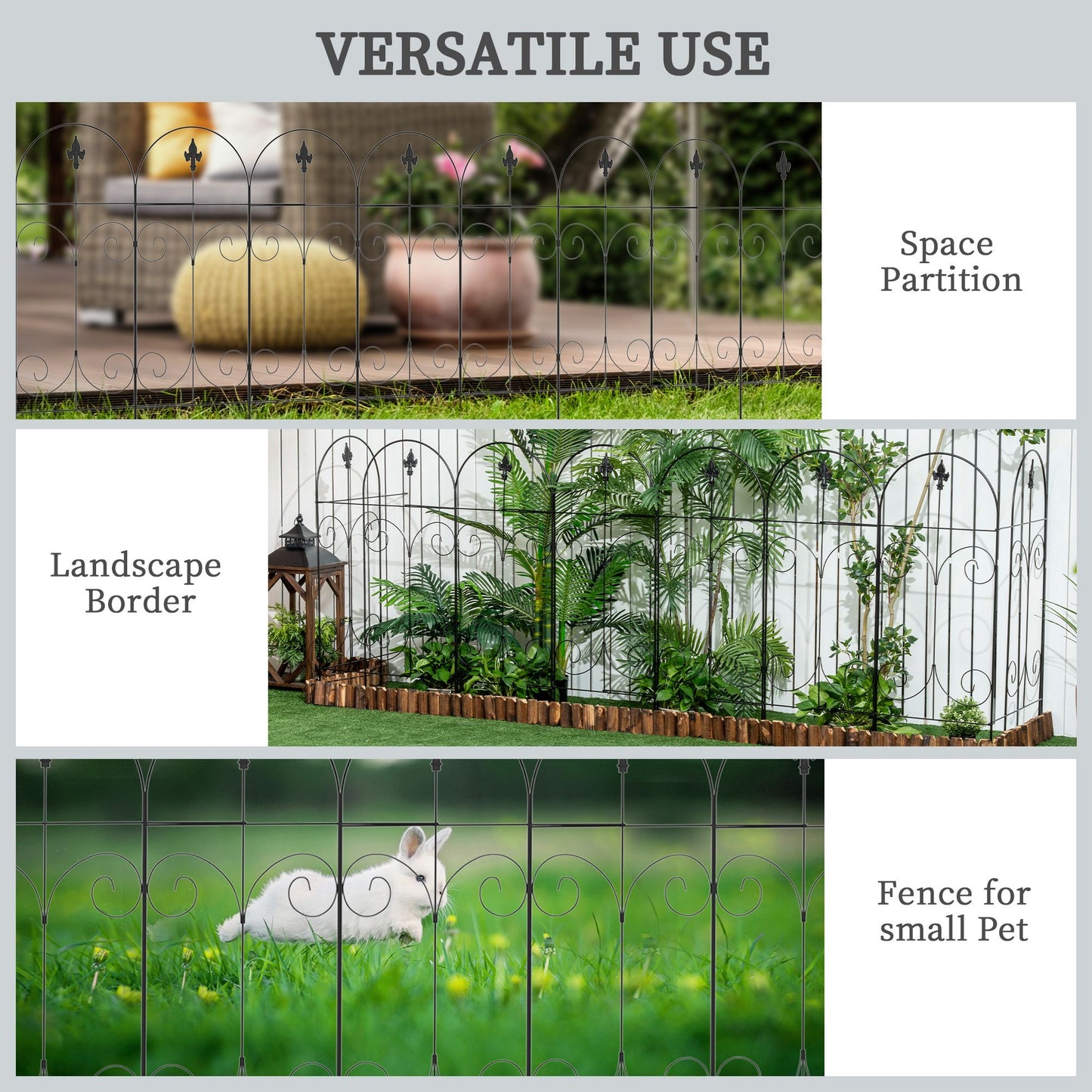 Outdoor Metal Garden Fence Panels, Animal Barrier & Border Edging for Yard, Patio, 8 Pack, Scrollworks and Spears