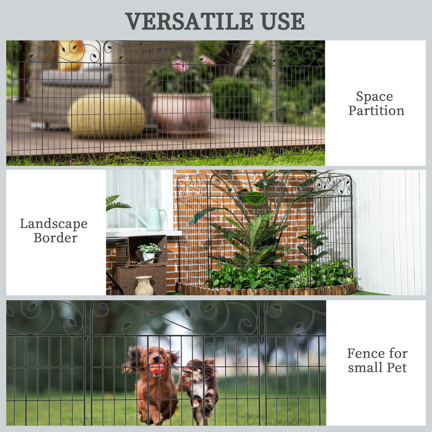 Outdoor Metal Garden Fence Panels, Animal Barrier & Border Edging for Yard, Patio, 4 Pack, Square Vines