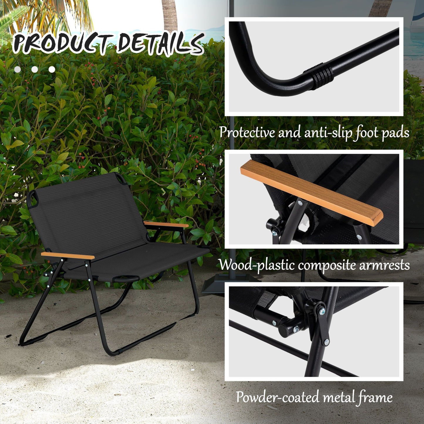 2-Seat Folding Patio Camping Chair, Sports Chair with Armrest, Mesh Fabric Seat for Lawn, Black