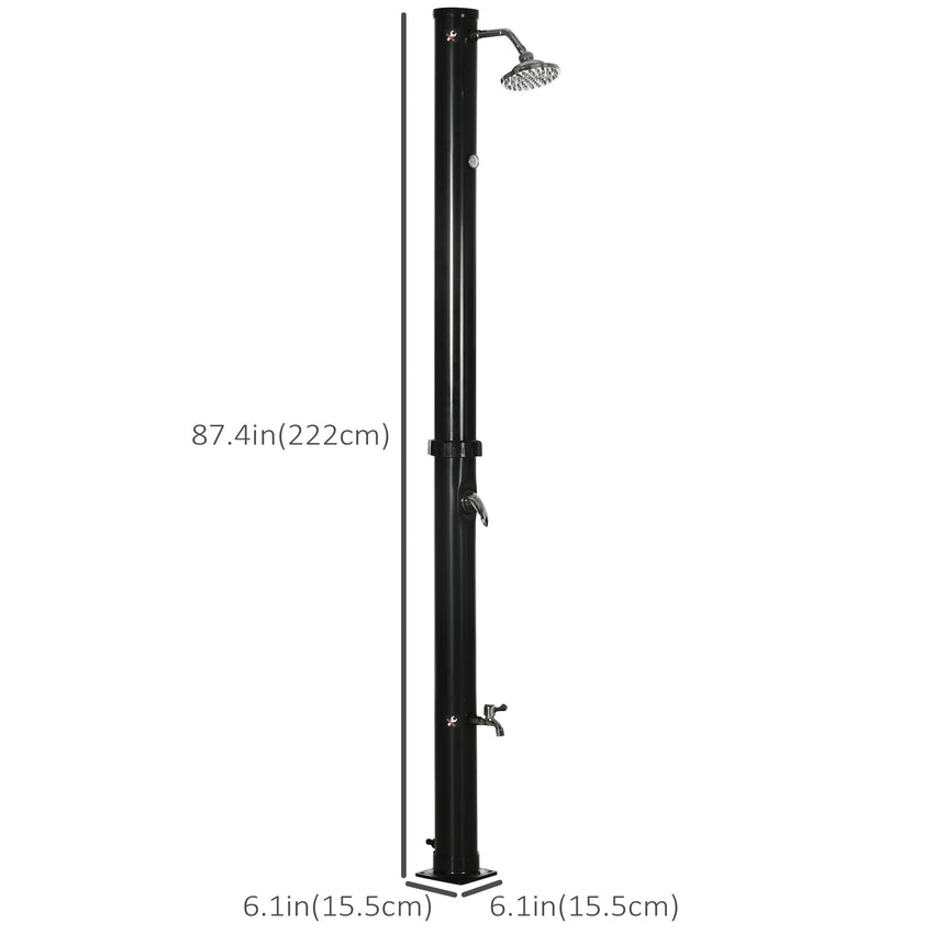 7.3FT 5.3 Gallon Solar Heated Shower, 2-Section Outdoor Shower with Shower Head, Foot Shower, Temperature Display for Backyard, Poolside, Spa, Beach, Black