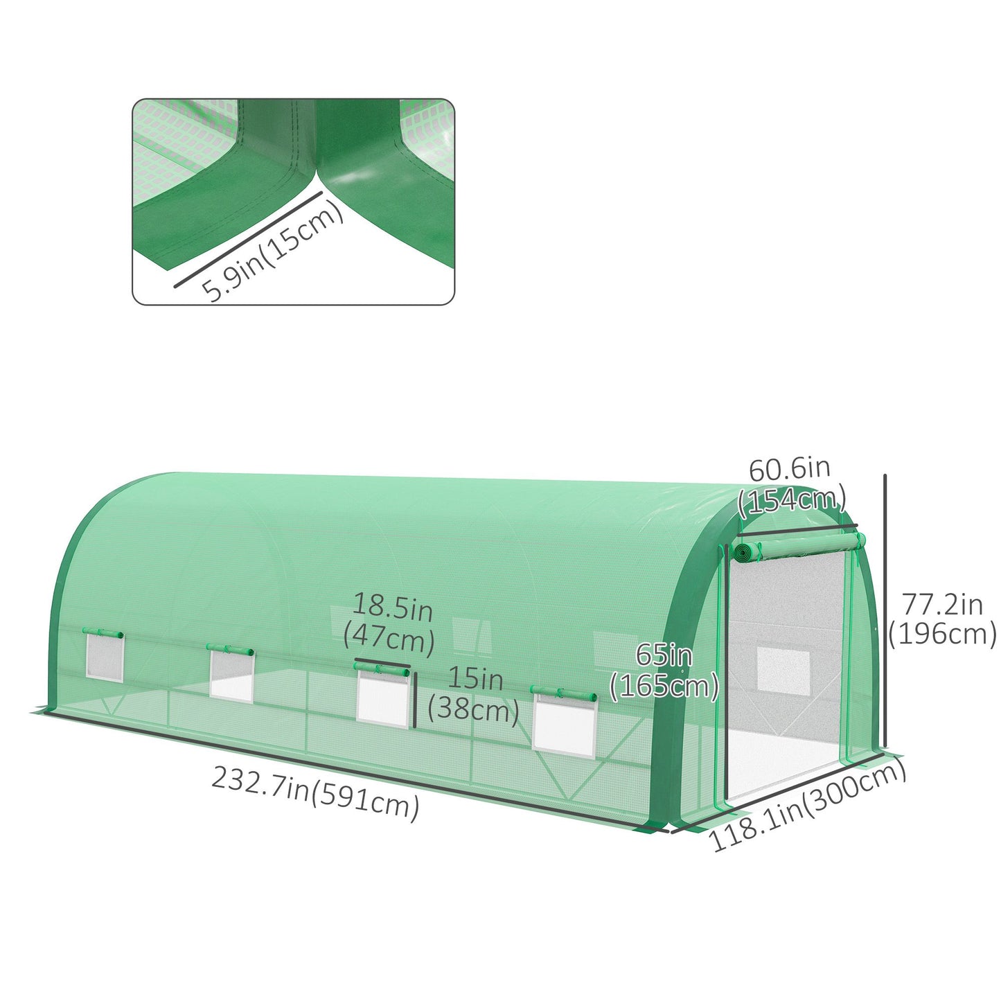 19.5' x 10' x 6.5' Upgraded Tunnel Greenhouse Green House with Mesh Door and Windows, 15 Plant Labels and Gloves, Green
