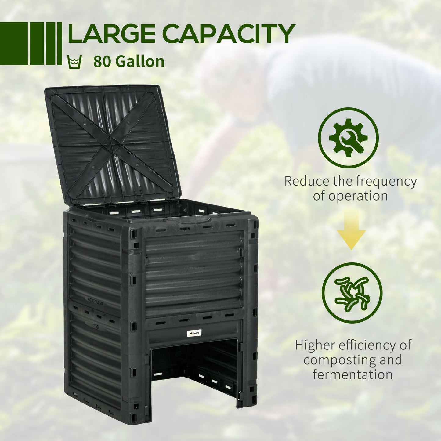 Outdoor Compost Bin Garden Container, Fast Creation of Fertile Soil Aerating Compost Box, 80 Gallon, Green